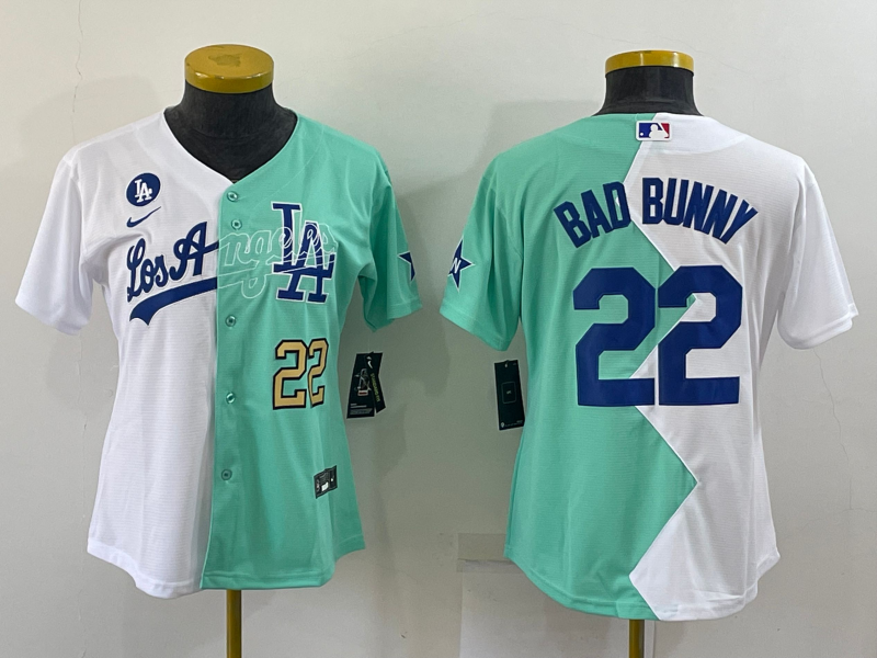 Youth Los Angeles Dodgers #22 Bad Bunny 2022 All-Star White/Green Split Stitched Jersey